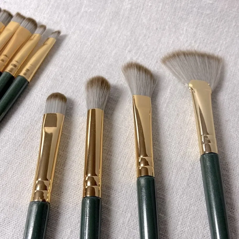 Makeup Brush Set 14 pc Brushes Green Handles Gold Tone Accent
